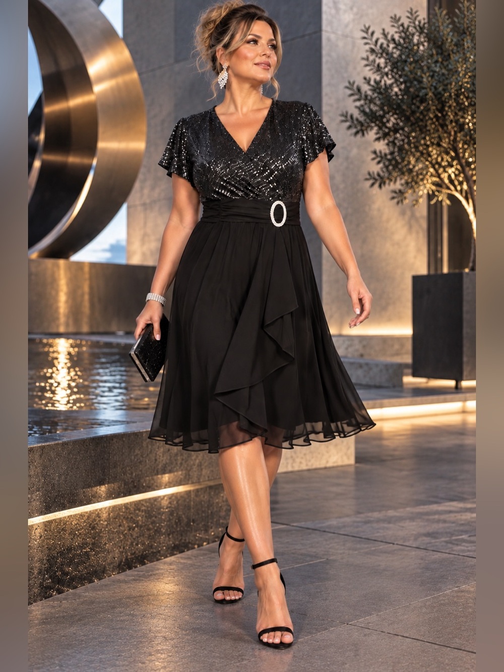 R&M Richards 22W Black Sequin Dress Diamond Buckle Faux Wrap A-Line Stretch Glam